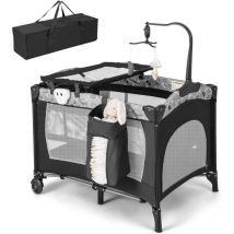 4 en 1 Lit Parapluie Bébé avec Matelas & Table à Langer, Lit Bébé Evolutif avec 3 Jouets Mignons & Boîte à Musique, Sac de Transport, 102x72cm,