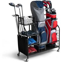 Costway - 4 in 1 Golf-Organizer, Golfschläger-Organizer mit Rollen, für 2 Golftaschen & Golf-Zubehör, Golftaschenregal mit Haken & Korb für Golfbälle