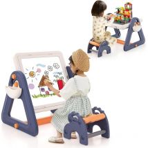 Costway - 6 en 1 Table Enfant avec Chaise et Plateau Double Face & Rotatif, Chevalet Enfants en hdpe avec 160 Blocs & 6 Marqueurs & 1 Gomme, Charge