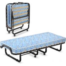 90x200cm Gästebett mit Matratze aus Rückstellschaum, Klappbares Einzelbett, Stabiler Metallbett bis 120 kg, Klappbett auf Rädern, Faltbett für Büro &