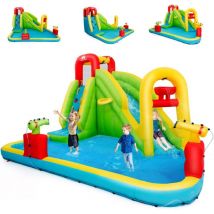 7 en 1 Château Gonflable avec Toboggan Aquatique & Mur d'Escalade, Aire de Jeux Gonflable Grande avec Piscine & Pistolet à Eau, Charge 158kg pour 3