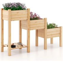 Aiuola da Giardino Rialzata a 3 Livelli in Legno con Ripiano, 3 Fioriere Rialzate, Fori di Drenaggio, Fioriera da Giardino per Frutta, Verdura,