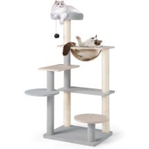 Arbre à Chat 113 cm, Arbre a Chat Bois, 2 Griffoirs pour Chat en Sisal, 5 Plateformes, Capsule Transparente, Grand Arbre a Chat, Pompon Suspendu,