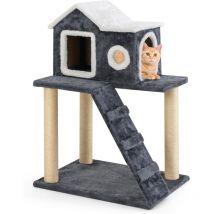 Niche pour Chat Exterieur Interieur, Maison pour Chat, 3 Poteaux à Griffer en Sisal, Echelle d'escalade, Cabane Chat, Toit Ouvrable, Kit