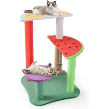 COSTWAY Arbre a Chat Design 69 cm, Petit Arbre a Chat, 4 Plateformes, Poteau à Griffer en Sisal, Arbre a Chat Bois, Thème des Fruits, Pompon