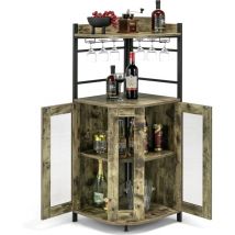 Costway - Armario de Esquina de Vino con Portavasos de Vidrio, Armario de Vino Industrial con Puertas de Malla Metálica y Estante Ajustable, Buffet