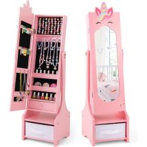 COSTWAY Armoire à Bijoux Enfant avec Miroir & Bac en Tissu, Organisateur à Bijoux en Motif Licorne avec 2 Angles d'Inclinaison, Dispositif