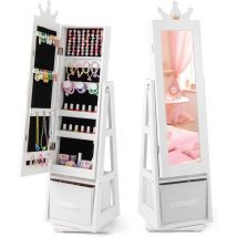 Costway - Armoire à Bijoux Enfant avec Miroir & Base Pivotante, Organisateur à Bijoux en Motif Couronne avec Bac en Tissu & Étagère, Dispositif