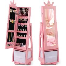 Costway - Armoire à Bijoux Enfant avec Miroir & Base Pivotante, Organisateur à Bijoux en Motif Couronne avec Bac en Tissu & Étagère, Dispositif