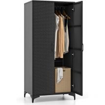 Costway - Armoire de Rangement, Armoire Intérieure en Osier pe, 4 Compartiments, Armoire Tringle Penderie, Armoire Extérieure sur Pied en Rotin,