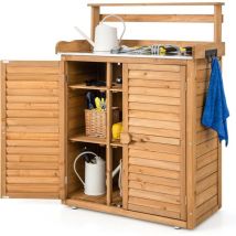 Costway - Armoire Jardin Bois, Armoire Exterieur avec Plan de Travail en Métal, 3 Crochets, Etagères Amovibles, Portes à Persiennes, Table de
