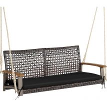 Costway - Balançoire de Jardin en Rotin à 2 Places, Balancelle de Porche en Osier avec Accoudoir en Bois d'Acacia et Coussin, Banc Suspendu avec 2