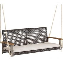 Costway - Balançoire de Jardin en Rotin à 2 Places, Balancelle de Porche en Osier avec Accoudoir en Bois d'Acacia et Coussin, Banc Suspendu avec 2