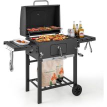 Costway - Barbecue a Carbone da Esterno a 2 Livelli, Barbecue all'Aperto in Metallo con 2 Ruote, 2 Tavolini Laterali a Ribalta, 8 Ganci, Ideale per