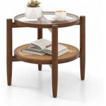 Costway - Beistelltisch, Couchtisch rund mit gehärteter Glasplatte, Nachttisch mit Rattan Ablage & Holzbeinen, Sofatisch 56 x 56 x 46 cm