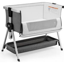 Berceau Cododo Bébé avec Matelas 7 Hauteurs Réglables Espace de Rangement Fenêtre en Maille Respirante 0-36 Mois Gris Foncé - Costway