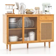 Costway - Buffet Cuisine en Bambou, Armoire de Rangement avec Tiroir, Portes Coulissantes en Verre Trempé, Meuble de Rangement en Rotin, Placard à