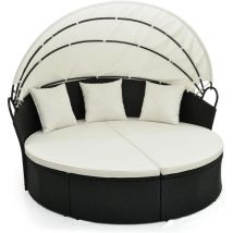 Costway - Chaise Longue à 2 Places en Rotin avec Auvent Rétractable, Bain de Soleil avec Panneaux Latéraux Pliables Coussins d'Assise et Dossier