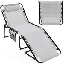 Chaise Longue Pliante, Bain de Soleil, Appuie-tête Amovible, Porte-revue Latéral, Dossier Réglable à 4 Positions, Cadre en Acier, Transat Jardin