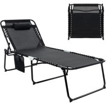Chaise Longue Pliante, Bain de Soleil, Appuie-tête Amovible, Porte-revue Latéral, Dossier Réglable à 4 Positions, Cadre en Acier, Transat Jardin