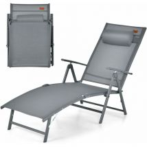Costway - Chaise Longue Pliante, Transat Inclinable Portable avec Dossier Réglable sur 7 Positions, Bain de Soleil avec Accoudoir, Repose-Tête,