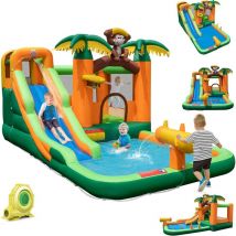 Château Gonflable Tropical à Thème Singe & Palmier avec Toboggan Aquatique, Maison de Saut Gonflable avec Piscine & 50 Boules, Charge 90kg pour 2