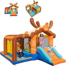 Château Gonflable avec Toboggan pour Enfants 3-12 Ans Thème Renne, Aire de Jeux 2 Panier de Basket-Ball Colonne de Boxe, 10 Piquets pour Cour
