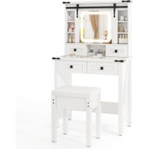 Costway - Coiffeuse avec Tabouret, Miroir hd Coulissant avec led à Luminosité Réglable, Table de Maquillage Plateau en Verre Transparent avec 6