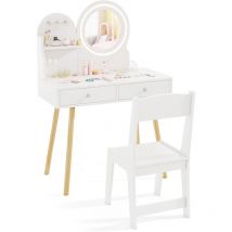 Costway - Coiffeuse Enfant Fille avec Chaise & Miroir Éclairé led, Bureau Enfant Fille avec Étagère & Tiroirs & Crochets, Dispositif