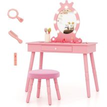 Costway - Coiffeuse Enfant Fille avec Miroir & Lumière led à 3 Couleurs, Table de Maquillage et Chaise avec Tiroir et Forme de Couronne, Dispositif