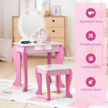 Costway - Coiffeuse pour Enfant Table de Maquillage avec Tabouret, Miroir Détachable et 1 Tiroir de Rangement Style Princesse