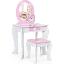 Costway - Coiffeuse pour Enfant Table de Maquillage avec Tabouret, Miroir Détachable et 1 Tiroir de Rangement Style Princesse Blanc