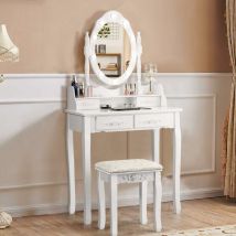Costway - Coiffeuse,Table de Maquillage avec Miroir Oval et 10 Ampoules led à Intensité Variable 4 Tiroirs de Rangement