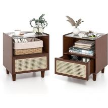 Comodino in Bambù e Rattan, Tavolino da Salotto Boho con Cassetto e Gambe in Legno Massello, Comodino Tavolino in Bambù per Camera da Letto,