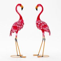 Conjunto de 2 Estatuas de Jardín de Flamenco, Escultura de Flamenco con Marco de Metal, Arte de Jardín de Pie, Figuritas de Flamenco para Patio