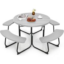 Conjunto de Mesa de Camping con Banco, 8 Personas, Mesa Camping Redonda con 4 Bancos,HDPE, Orificio para Sombrilla, Mesa y Sillas Jardin Patio