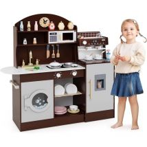 Cuisine Enfant en Bois avec Machine à Café & Machine à Glaçons, Jeu de Cuisine Enfant avec Horloge & Micro-Ondes, 26 Accessoires & Espace de