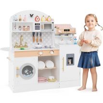 Cuisine Enfant en Bois avec Machine à Café & Machine à Glaçons, Jeu de Cuisine Enfant avec Horloge & Micro-Ondes, 26 Accessoires & Espace de
