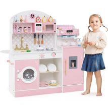 Cuisine Enfant en Bois avec Machine à Café & Machine à Glaçons, Jeu de Cuisine Enfant avec Horloge & Micro-Ondes, 26 Accessoires & Espace de