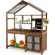 Costway - Cuisine Extérieure Enfant avec Tableau Noir & Auvent & Poêle, Cuisine Boueuse en Bois de Sapin avec Robinet & Évier Amovible, Espace de