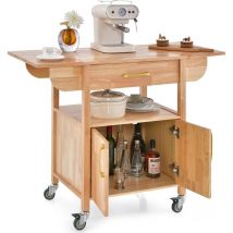 Carrello da Cucina, Carrello Isola da Cucina in Legno con Piano Lavoro Pieghevole, Cassetto e Ripiano Aperto, Mobile Multifunzione per Sala da Pranzo