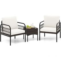 Costway - Ensemble de Meubles 3 Pièces de Patio en Rotin Charge 180KG, Salon de Jardin 2 Fauteuils Table Basse en Verre Trempé avec Coussins Lavables