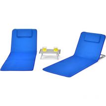 Ensemble de Tapis de Plage Pliables 2 pcs avec Table d'Appoint, Matelas de Plage avec Hauteur Réglable 27-47cm pour Camping Bleu - Costway
