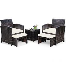 Ensemble Meuble de Salon 5PCS, Salon de Jardin en Rotin pe pour Véranda, Patio, Balcon,Piscine Terrasse Blanc - Costway