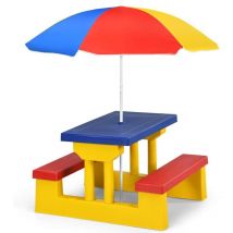 COSTWAY Ensemble Salon de Jardin pour Enfant Table et 2 Bancs avec Parasol en Bois Meuble Extérieur Jusqu'à 4 Enfants