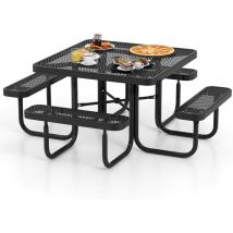 Costway - Ensemble Table de Pique-Nique Carrée avec 4 Bancs Intégrés pour 8 Personnes, Table de Camping en Métal avec Sièges et Trou pour Parasol,