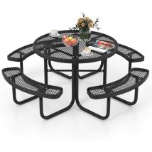 Costway - Ensemble Table de Pique-Nique Ronde avec 4 Bancs Intégrés pour 8 Personnes, Table de Camping en Métal avec Sièges et Trou pour Parasol,