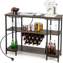 COSTWAY Étagère à Vin 15 Bouteilles, Casier à Vin Industriel à 3 Niveaux, Étagères de Rangement, Porte-Verre, Prises de Courant, 2 Ports USB,
