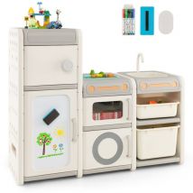 Costway - tagère de Rangement Jouet en Forme Cuisine avec Tableau Blanc & Évier Amovible, Meuble de Rangement Jouet en hdpe avec 4 Armoires & 2 Bacs,
