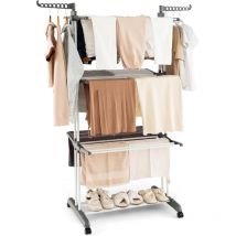 Tendoir Linge 3 Niveaux, Sechoir à Linge Pliable à roulettes en Métal, Tancarville Linge Solide avec 2 Porte-cintres, Porte-Chaussures, Seche Linge